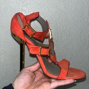 Versace Collection Suede Strappy Heels – Orange/Gold – Size 40 (Made in Italy)